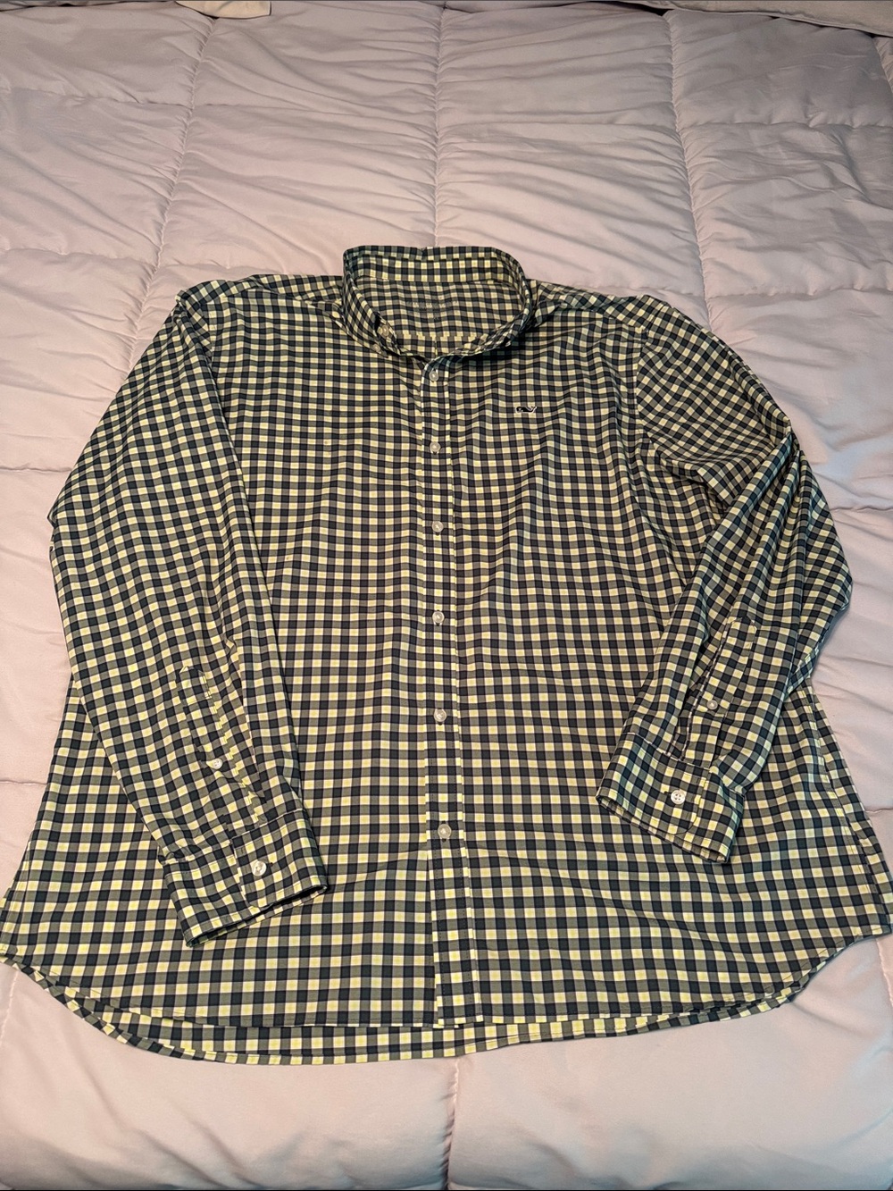 Men's Long-Sleeve Green and Navy Gingham Button-Up Shirt